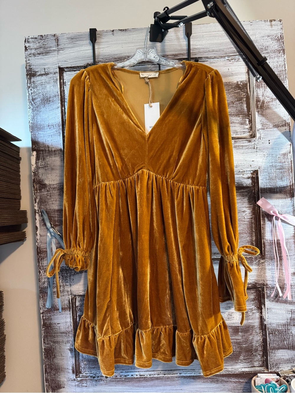Velvet (faux) V-Neck Long-Sleeve Dress in Mustard - Picture 2 of 9